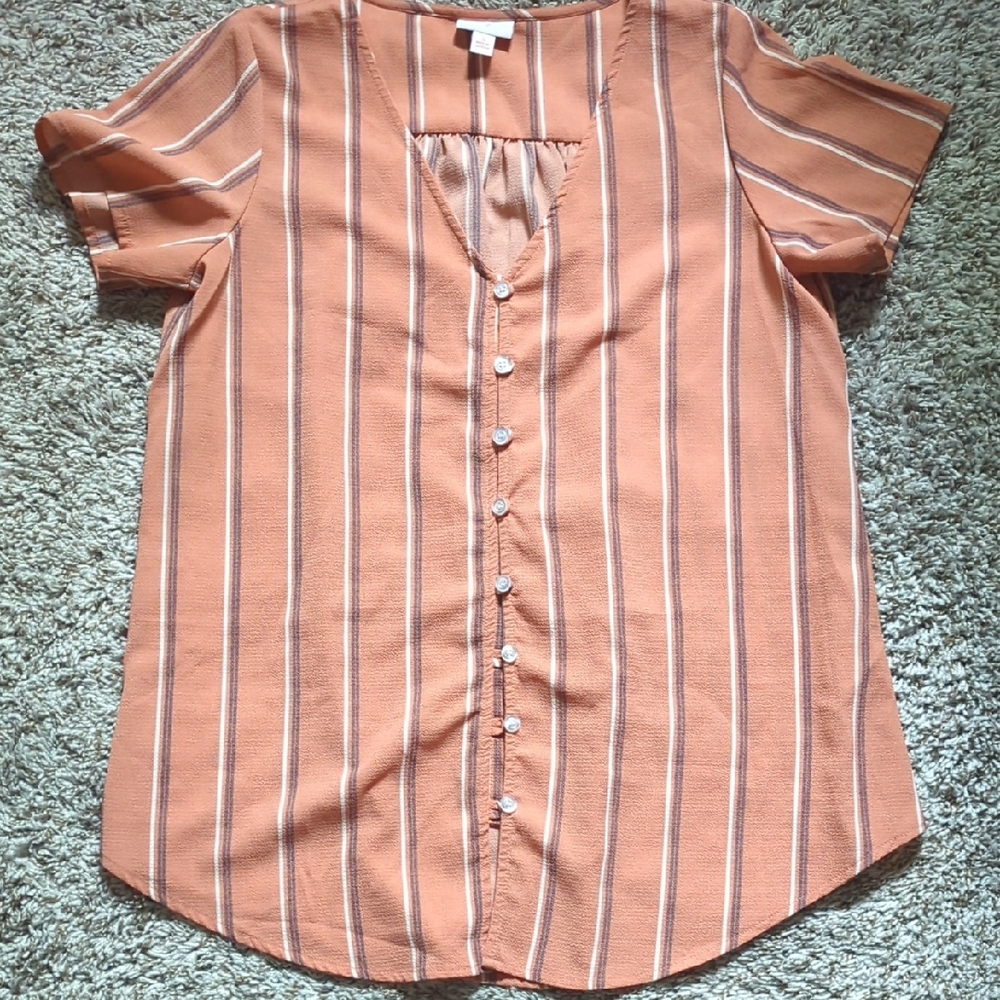 LuLaRoe Pink and White Short Sleeve Button Down Shirt